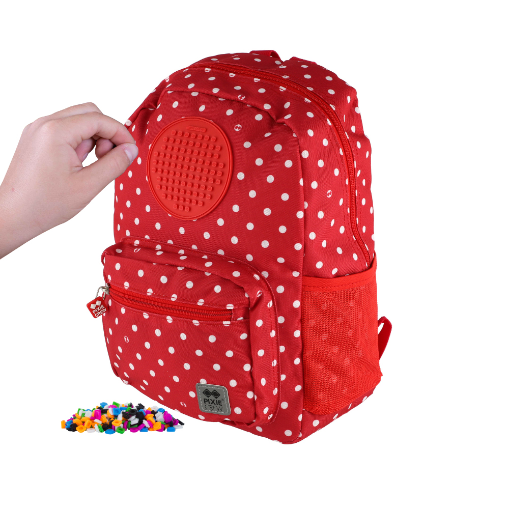 PIXIE CREW dětský batůžek, červená látka s bílými puntíky, malý panel