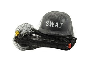 Teddies Sada policie SWAT helma+pistole na setrvačník s doplňky plast v síťce