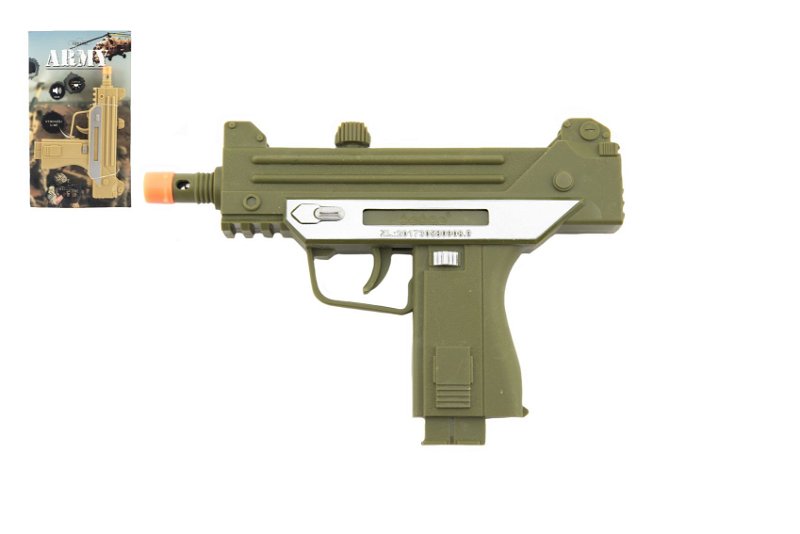 Pistole samopal ARMY  plast 17,5cm na baterie se zvukem se světlem zelená na kartě