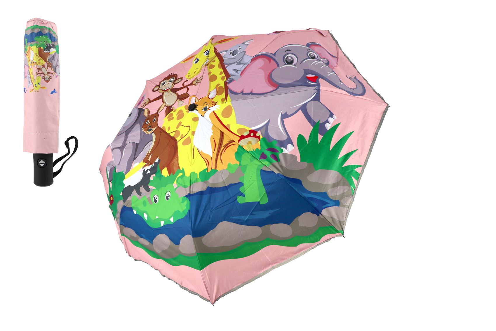 Teddies Deštník Zvířátka skládací vystřelovací látka/kov 28cm růžový v sáčku