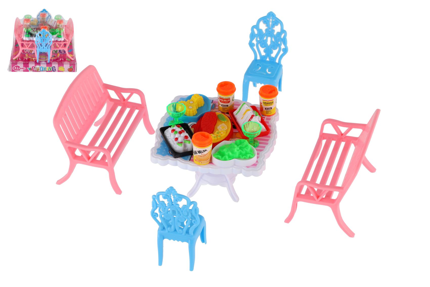 Teddies Nábytek pro panenky/stůl a židle plast 4 barvy v blistru 14x11x16cm
