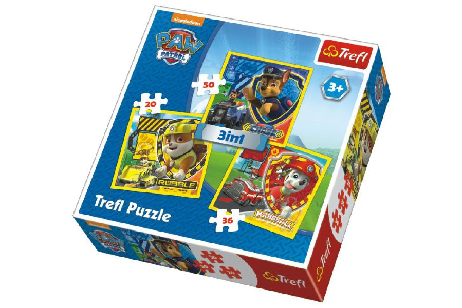 Trefl Puzzle 3v1 Marshall, Rubble a Chase Paw Patrol 20x19,5cm v krabici 28x28x6cm