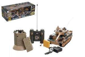 Teddies Tank RC plast 33cm + otočná věž na baterie+dobíjecí pack se zvukem a světlem v krabici 51x17x19cm