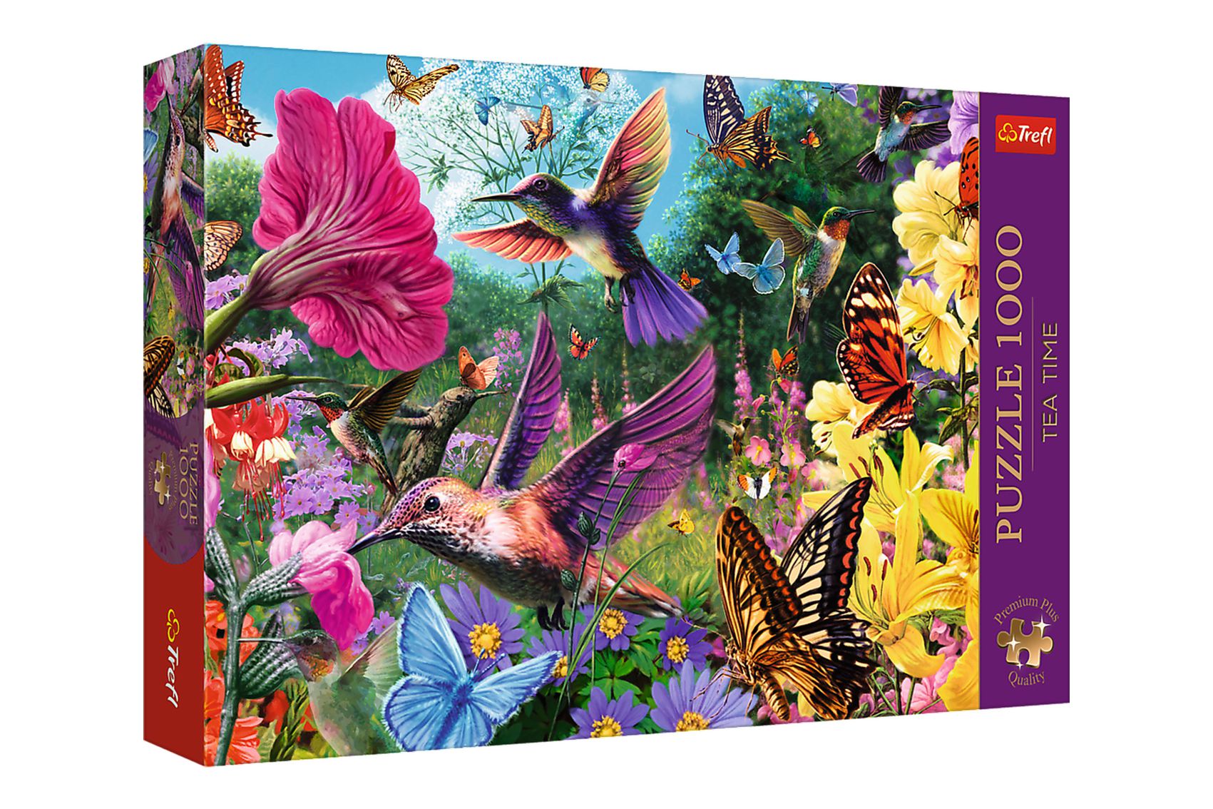 Puzzle Premium Plus - Čajový čas: Zahrada kolibříků 1000 dílků 68,3x48cm v krabici 40x27x6cm