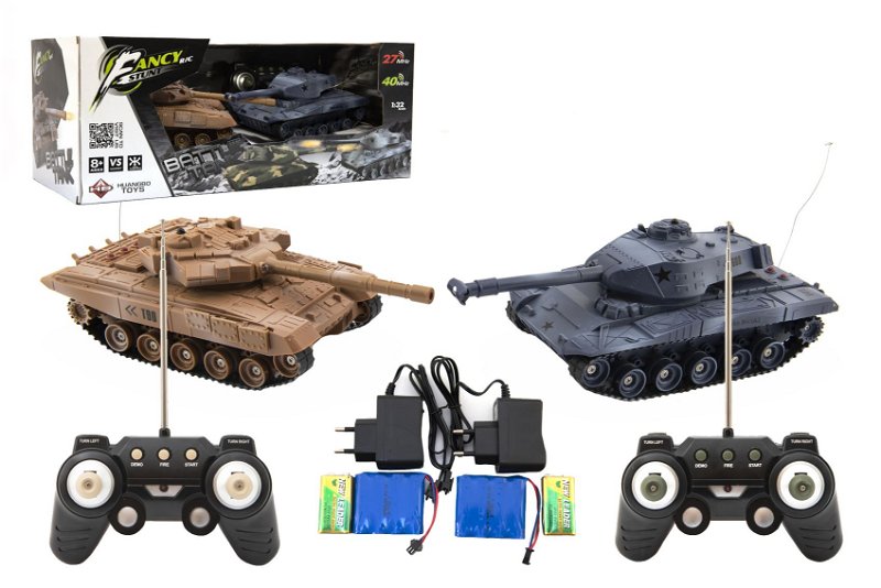 Teddies Tank RC 2ks 25cm tanková bitva+dobíjecí pack 27MHZ a 40MHz se zvukem se světlem v krabici 50x20x23cm