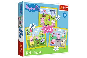 Trefl Puzzle 3v1 Prasátko Peppa/ Peppa Pig Šťastný den prasátka v krabici 28x28x6cm