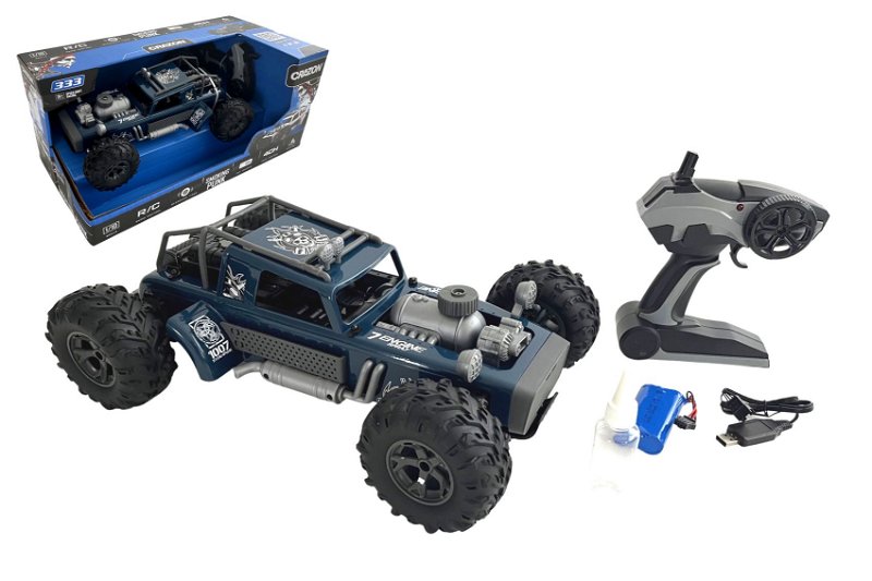 Teddies Auto RC buggy vypouštějící páru plast 38cm modré 2,4GHz na bat. + dobíjecí pack v krabici 55x26x30cm