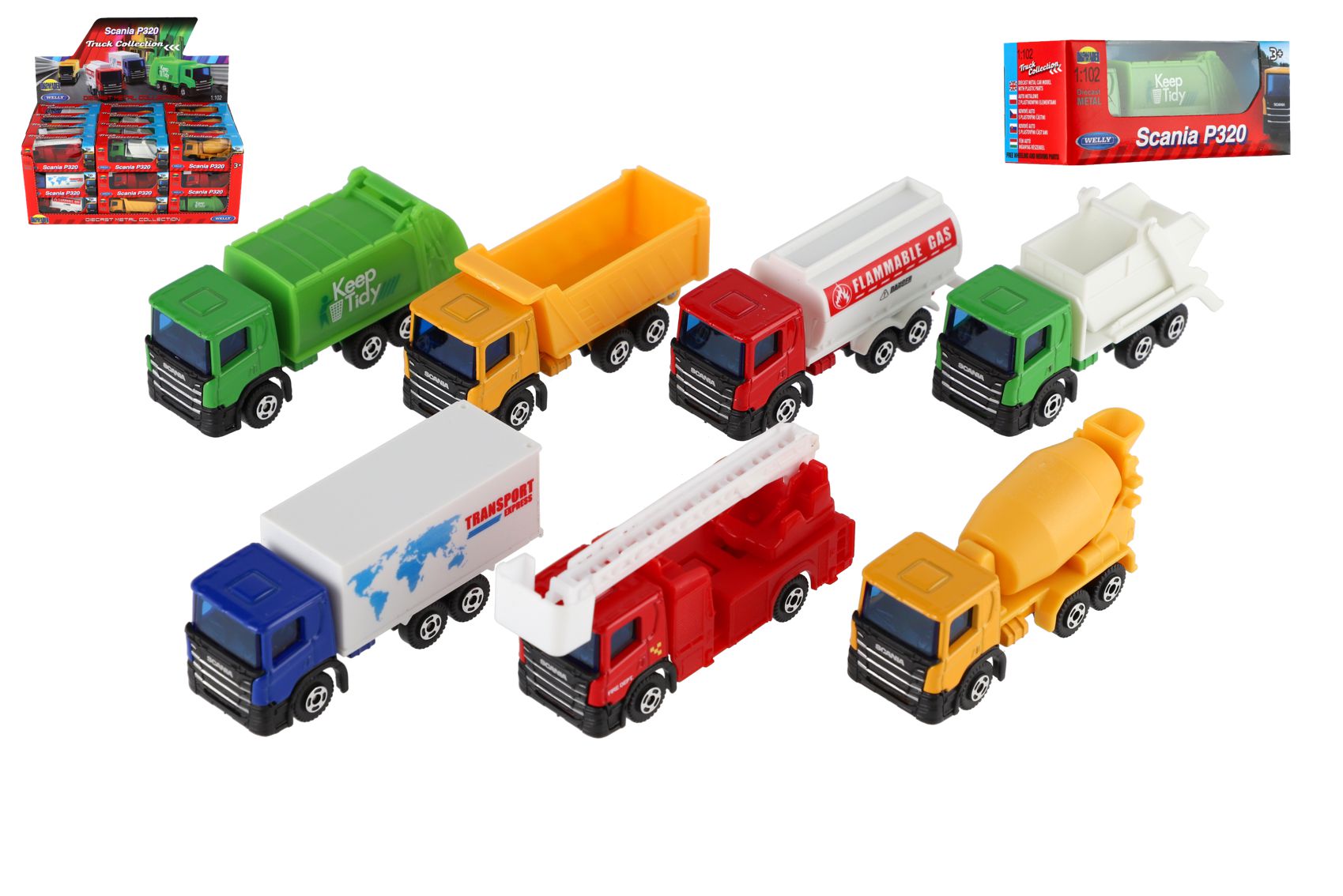 Dromader Auto nákladní Welly Scania kov/plast 7,5cm 6 druhů v krabičce 10,5x4x4cm 36ks v boxu