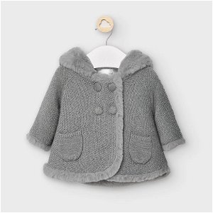 MAYORAL dívčí pletený kabátek s kožíškem - šedá/stříbrná - 70 cm