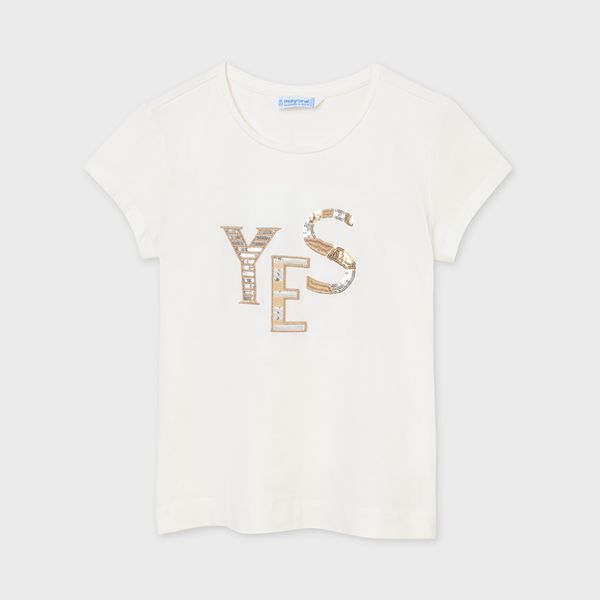 MAYORAL dívčí tričko KR krémové s nápisem s flitry - 152 cm