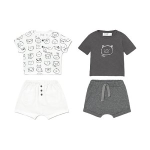 MAYORAL chlapecký set 4ks trička KR a kraťasy se zvířátky, bílá/šedá - 80 cm