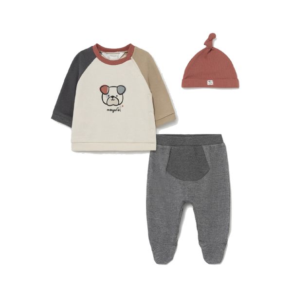 MAYORAL chlapecký set tričko, polodupačky, čepice pejsek béžová, šedá - 75 cm