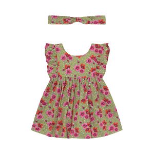 MAYORAL dívčí set 2ks šaty s čelenkou, zelená s květy - 98 cm