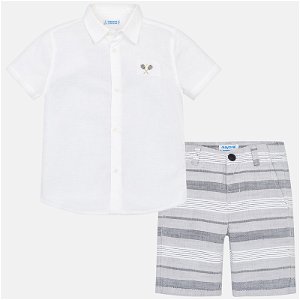 MAYORAL chlapecký set košile a kraťasy pruhy bílá, šedá - 134 cm