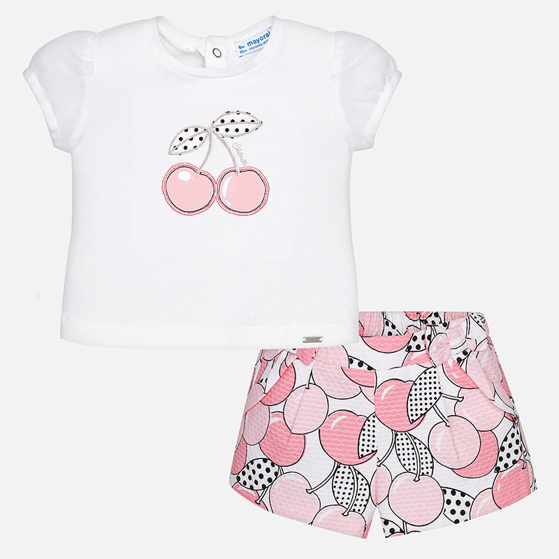 MAYORAL dívčí set tričko a kraťasy s potiskem třešně - bílo růžový - 74 cm