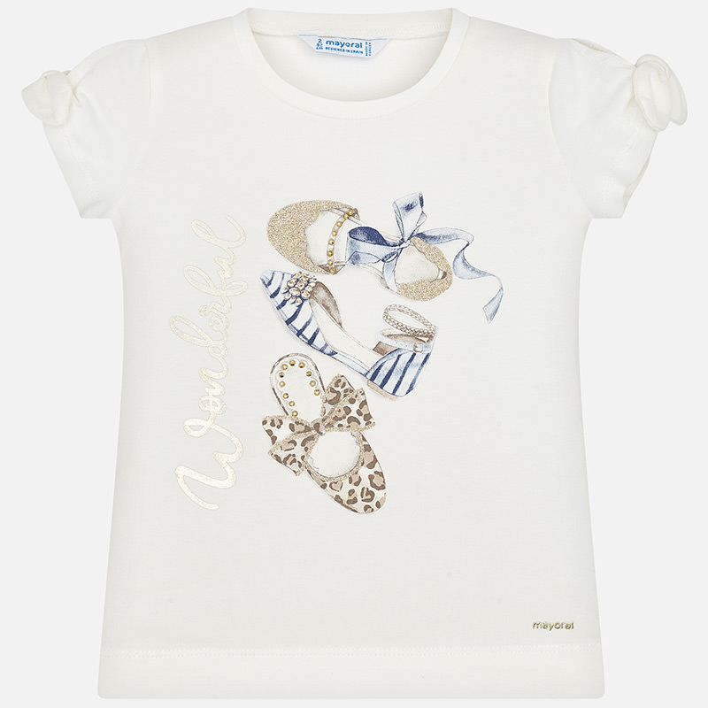 MAYORAL dívčí triko s krátkým rukávem - krémové  s botami - 110 cm