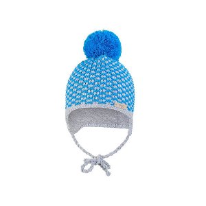 LITTLE ANGEL Čepice pletená zavazovací kostička s bambulí Outlast ® - modrá vel. 3 | 42-44 cm