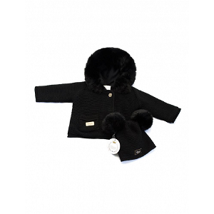 LATTANTE svetr s odepínací pravou kožešinou a čepicí s bambulemi 116/122 cm - černá