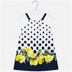 MAYORAL dívčí letní šaty - bílé s modrými puntíky a citróny - 116 cm