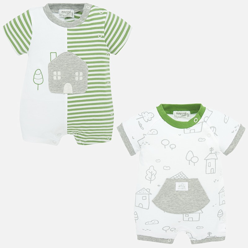 MAYORAL chlapecký set 2 krátké overaly zelené pruhy, bílé s šedými obrázky - 55 cm