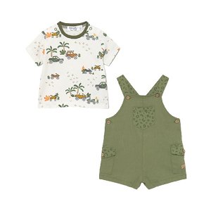 MAYORAL chlapecký set tričko s potiskem a laclové kraťasy - bílá/khaki - 75 cm