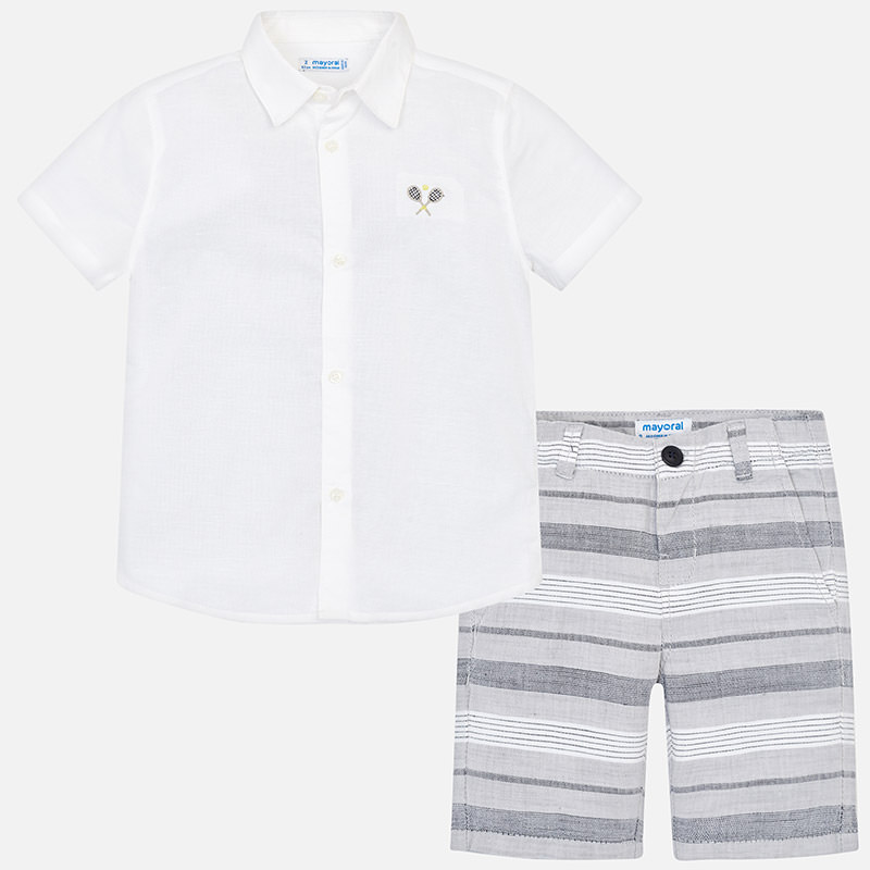 MAYORAL chlapecký set košile a kraťasy pruhy bílá, šedá - 128 cm
