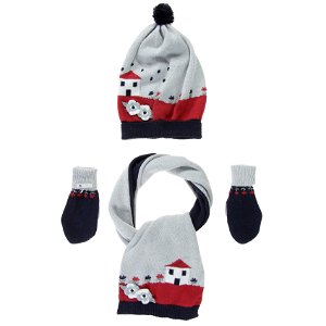 Mayoral dětský set pletené čepice, rukavic a šály - šedo červená