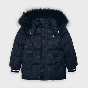 MAYORAL chlapecká zimní bunda černá maskáčová, kapuce s kožíškem - 116 cm