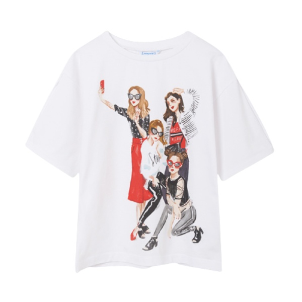 MAYORAL dívčí tričko KR dívky s mobilem, bílá - 152 cm