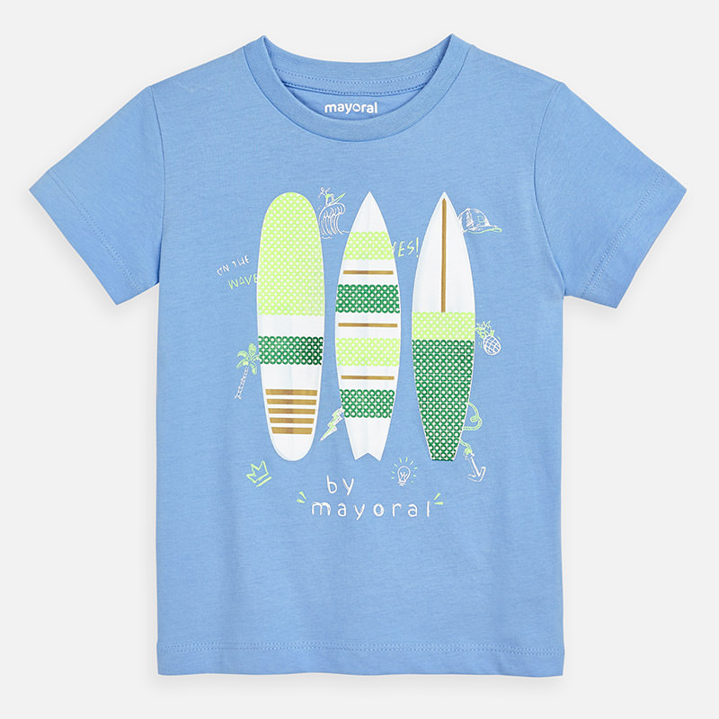 MAYORAL chlapecké triko s krátkým rukávem - modré se surfy - 116 cm