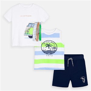MAYORAL chlapecký set 3 kusy - tílko, tričko, kraťasy - modrá, bílá, zelená - 116 cm