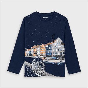 MAYORAL chlapecké tričko DR tmavě modré kolo a domy - 116 cm
