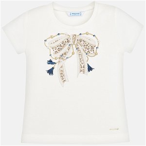 MAYORAL dívčí triko s krátkým rukávem - smetanové s mašlí - 116 cm