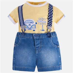MAYORAL chlapecký set tričko a kraťasy s kšandami - žlutá, modrá - 75 cm