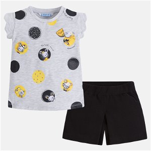 MAYORAL dívčí set kraťasy a tričko s krátkým rukávem a potiskem - černo šedý - 128 cm