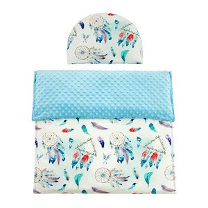 ESITO Luxusní dětská deka s polštářem do kočárku Minky 3 v 1 modrá 65x85, 35x27 cm
