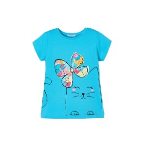 MAYORAL dívčí tričko KR motýl a kočka tyrkysová - 134 cm