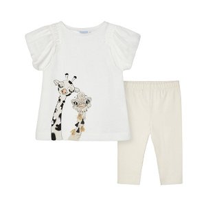 MAYORAL dívčí set 2ks tričko KR s žirafou a 3/4 lesklé legíny, bílá/krémová - 110 cm