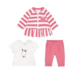 MAYORAL dívčí set 3ks mikina, tričko a kalhoty s králíčkem, bílá/růžová - 65 cm