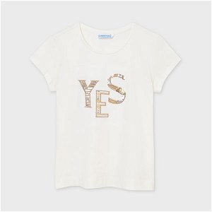 MAYORAL dívčí tričko KR krémové s nápisem s flitry - 128 cm