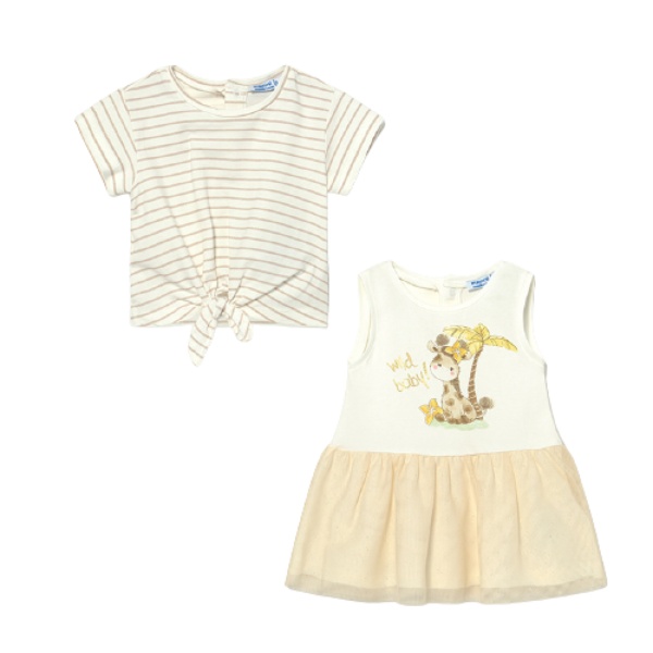 MAYORAL dívčí set 2ks šaty s tylovou sukní a tričko KR, žirafa krémová - 98 cm