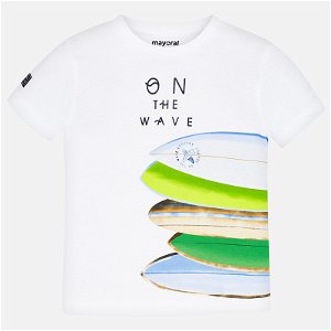 MAYORAL chlapecké triko s krátkým rukávem - bílé se surfy - 116 cm