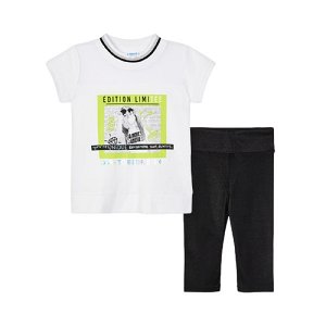 MAYORAL dívčí set 2ks tričko KR a lesklé legíny, bílá/černá - 122 cm