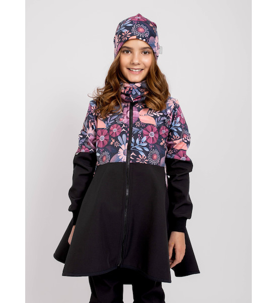 Unuo, Dívčí softshellový kabát s fleecem Romantico, Černá, Kouzelné květiny Velikost: 116/122, vel. 140/146