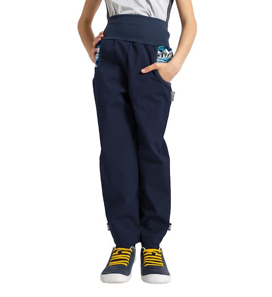 Unuo, Dětské softshellové kalhoty s fleecem Basic, Tm. Modročerná, Tučňáci Velikost: 104/110, vel. 116/122