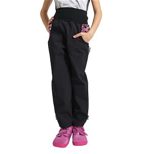 Unuo, Dětské softshellové kalhoty s fleecem Basic, Černá, Kouzelné květiny Velikost: 98/104, vel. 98/104