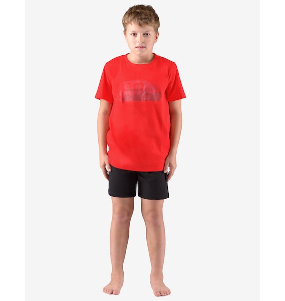 GINA dětské pyžamo krátké chlapecké, šité, s potiskem Pyžama 2022 69004P  - měsíc petrolejová 140/146, vel. 152/158, červená černá