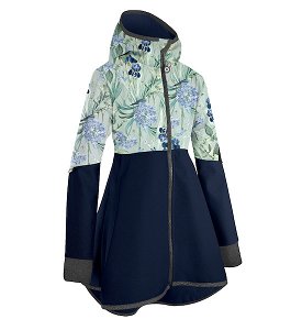 Unuo, Dívčí softshellový kabát s fleecem Romantico, Tm. Modročerná, Ptáčci s kosatci Velikost: 98/104, vel. 140/146