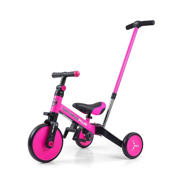 Dětská tříkolka 4v1 Milly Mally Optimus Plus s vodící tyčí grey, Růžová