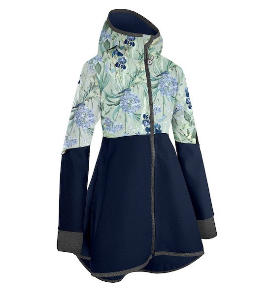Unuo, Dívčí softshellový kabát s fleecem Romantico, Tm. Modročerná, Ptáčci s kosatci Velikost: 98/104, vel. 98/104